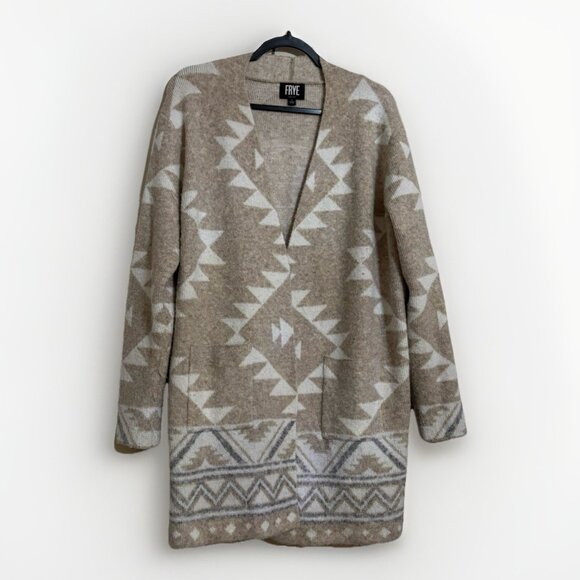 Frye Womens Geometric Southwestern Beige Cream Cardigan Sz L Oversized Mid - Picture 2 of 5